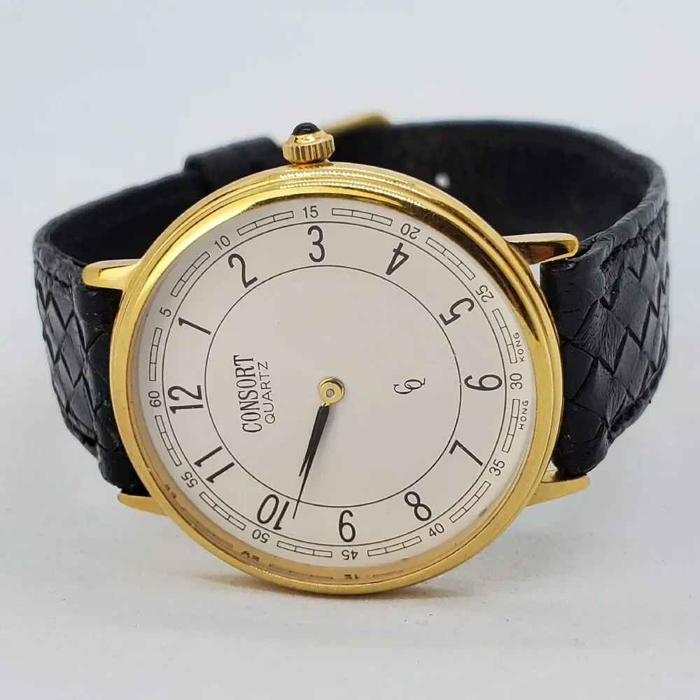 Consort Women's Watch 32MM White Dial Black Leather Bands New Battery
